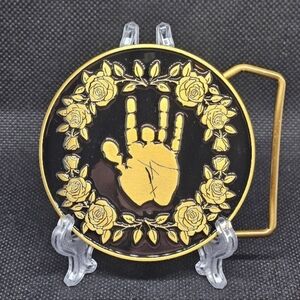 Grateful Dead Garcia Tribute 2.5" Gold Tone & Black Ice Handprint Belt Buckle